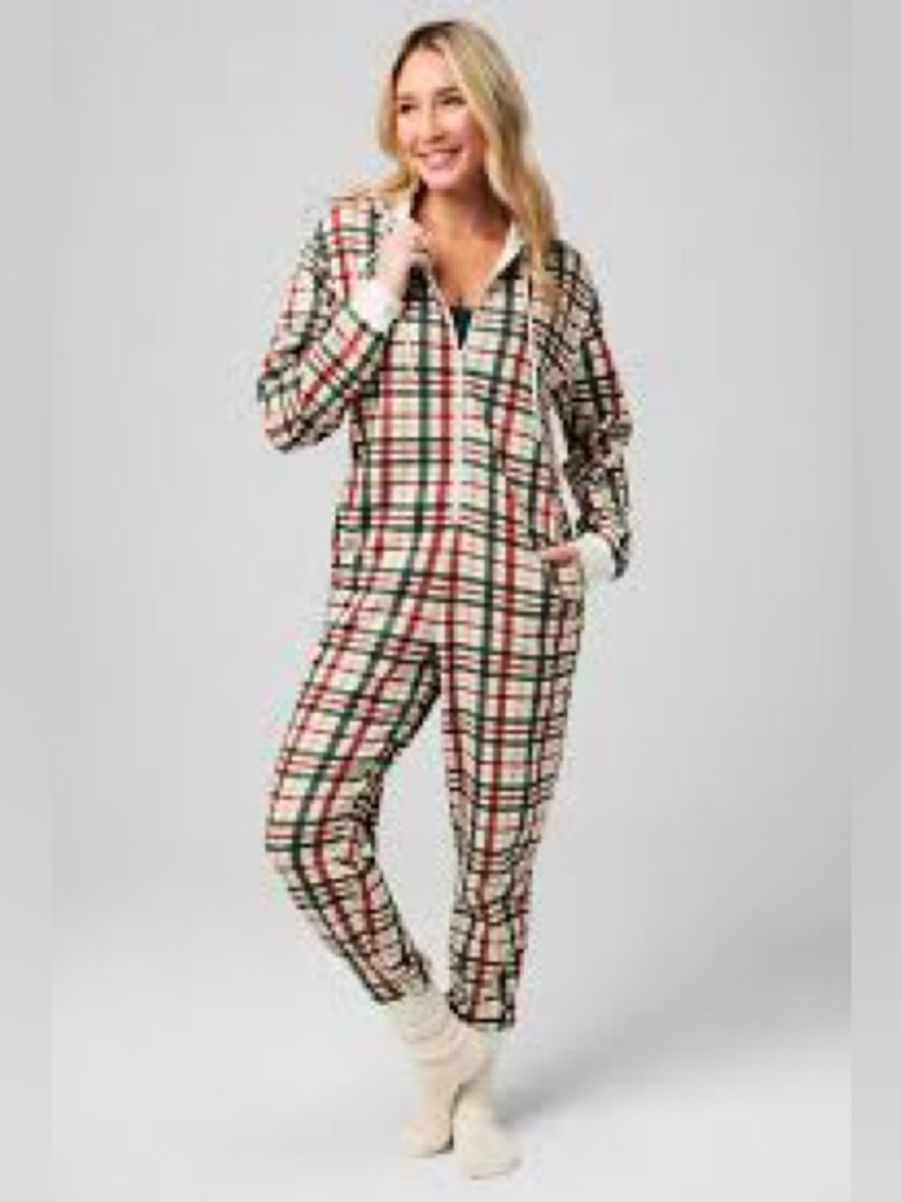 Fabletics Cream Plaid Hooded Jumpsuit with Green & Red Stripes